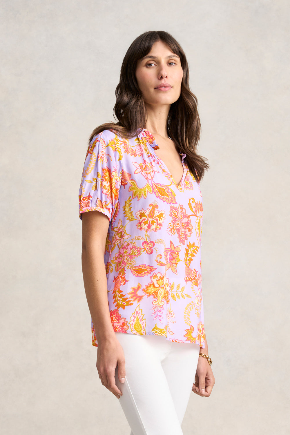 Printed Frill Neck Blouse - Floral Lilac Print