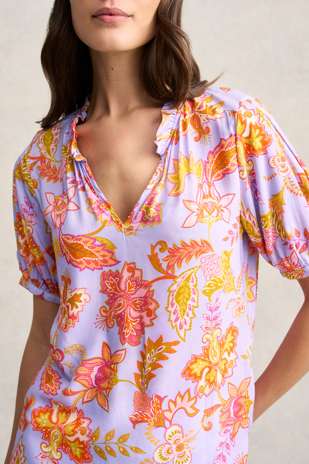 Printed Frill Neck Blouse - Floral Lilac Print