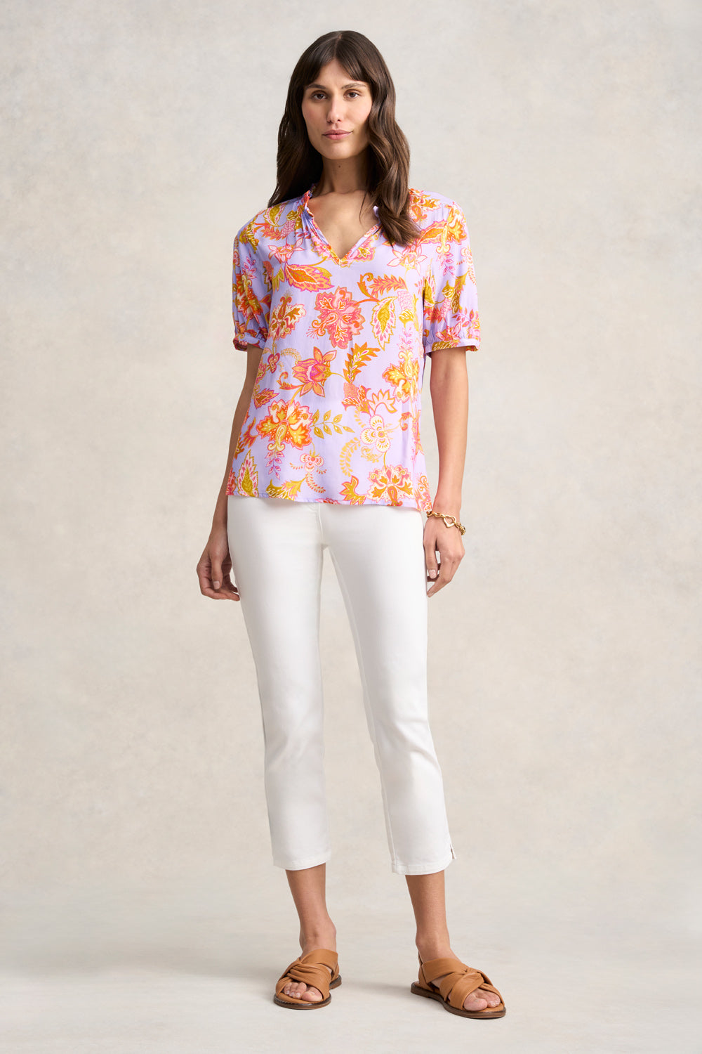 Printed Frill Neck Blouse - Floral Lilac Print