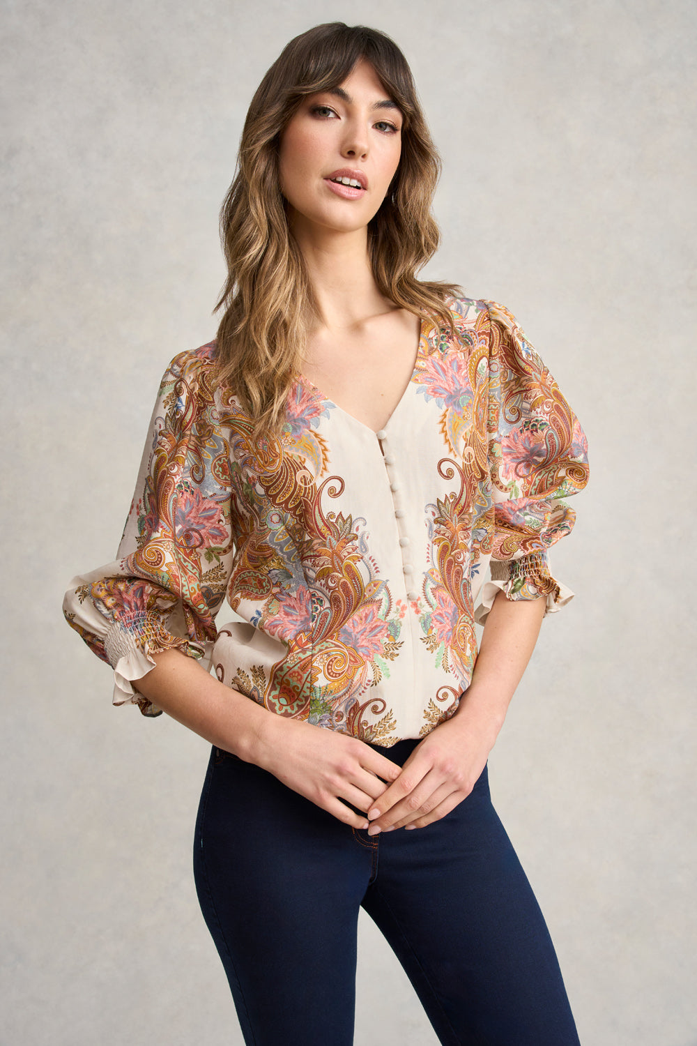 Paisley Border Print Blouse - Cream Paisley Border