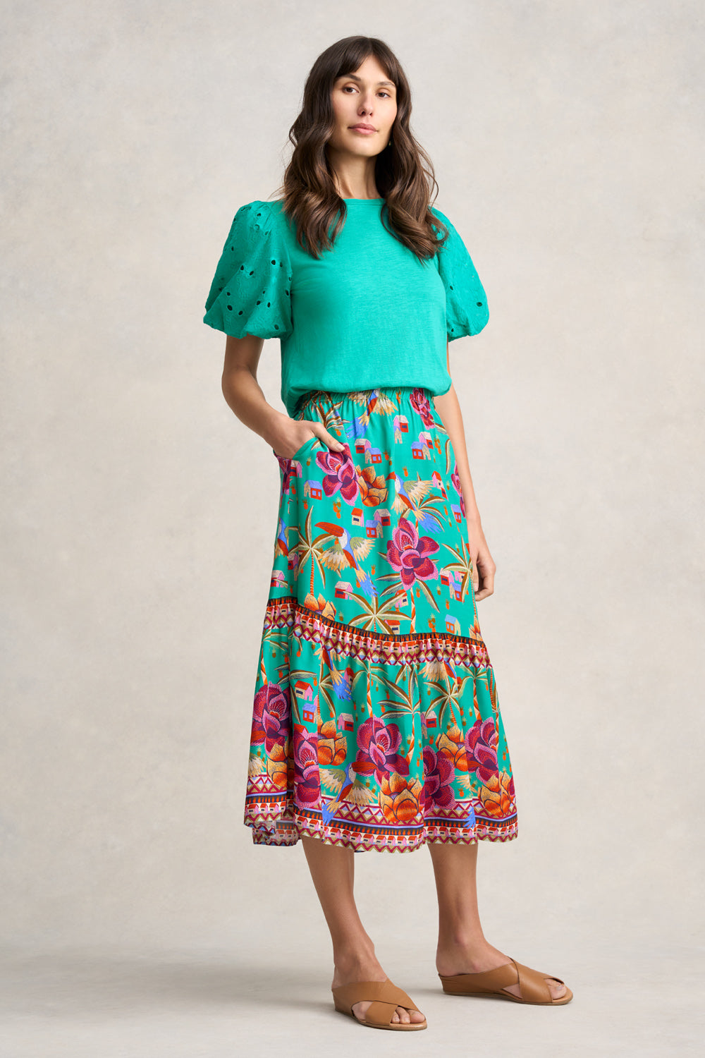 Broderie Sleeve Cotton T-Shirt - Viridian