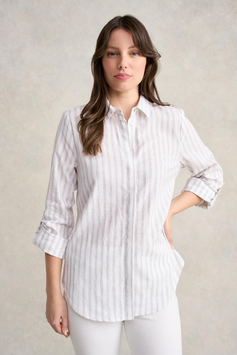 Stripe Side Button Shirt - Grey White Stripe