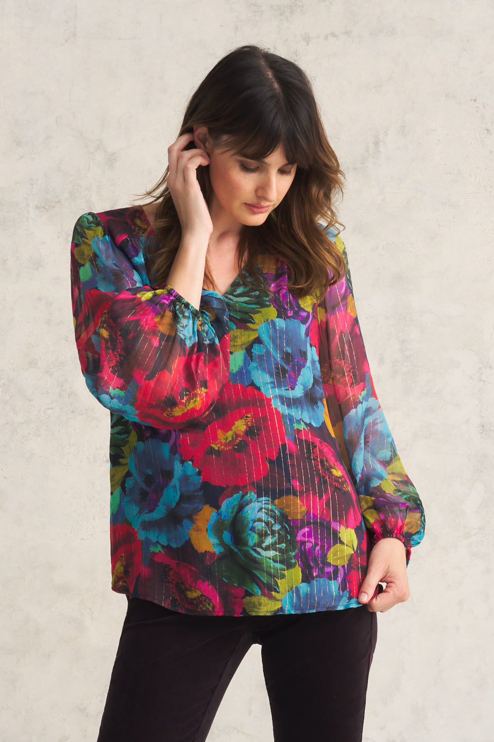 Printed Lurex Stripe Blouse - Oversized Floral