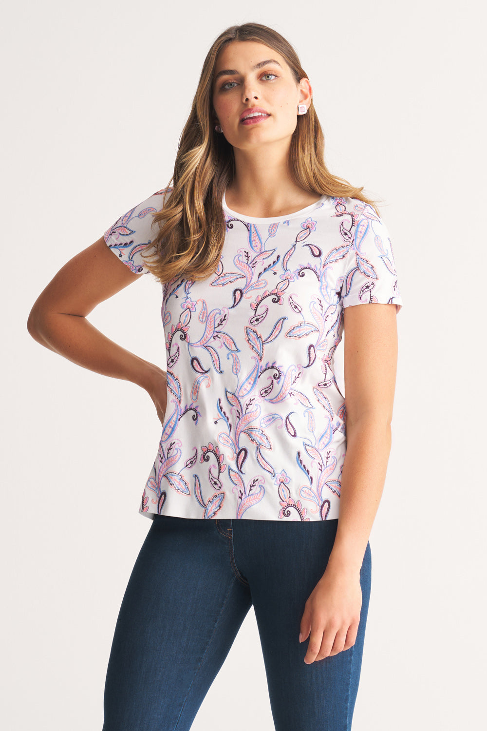 Embroidered Scoop Neck T-Shirt - Embroidered Paisley