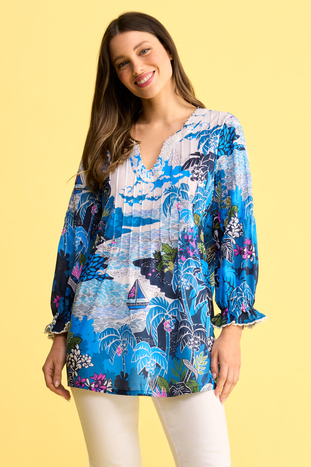 Pleated Cotton Blouse - Corsica Scenic Print