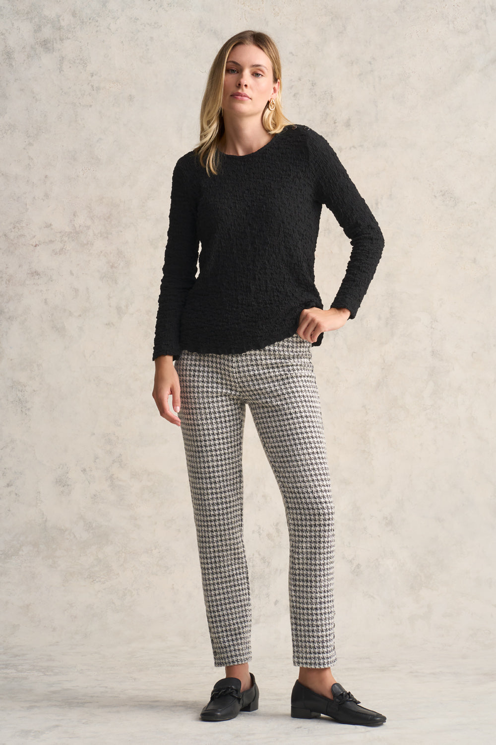 Crinkle Cotton Long Sleeve T-Shirt - Black