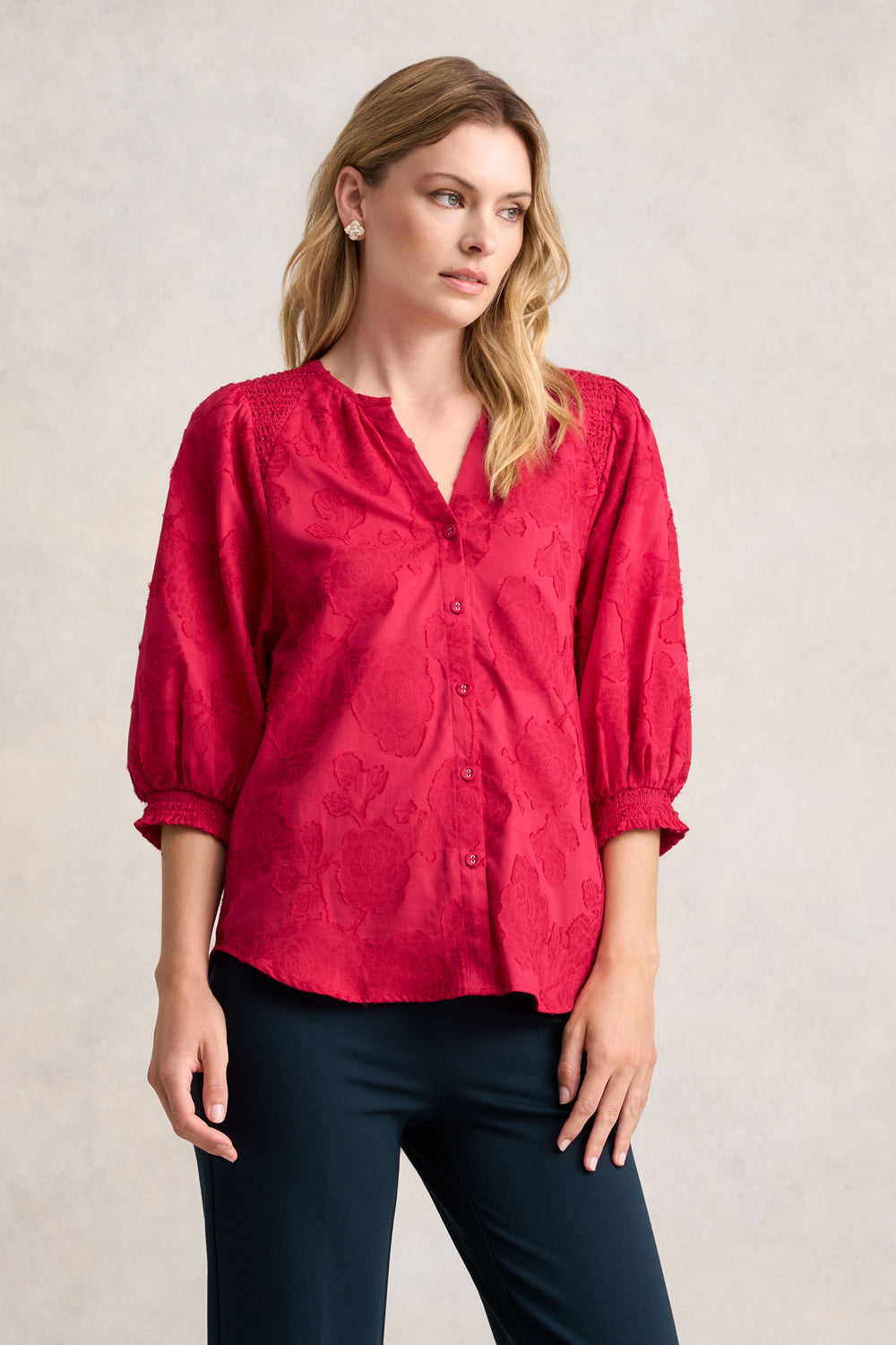 Jacquard Smocked Blouse - Rouge