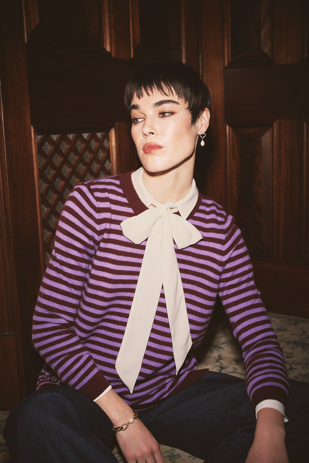 Cashmere Blend Crew Neck Jumper - Violet Stripe
