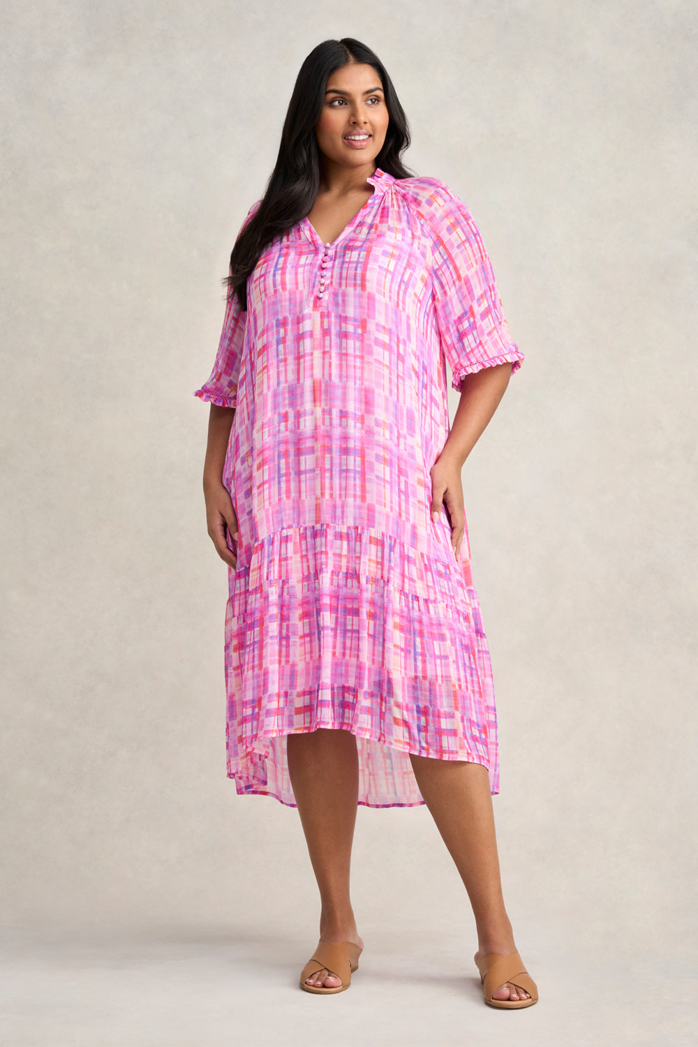 Georgette Ruffle Dress - Abstract Check