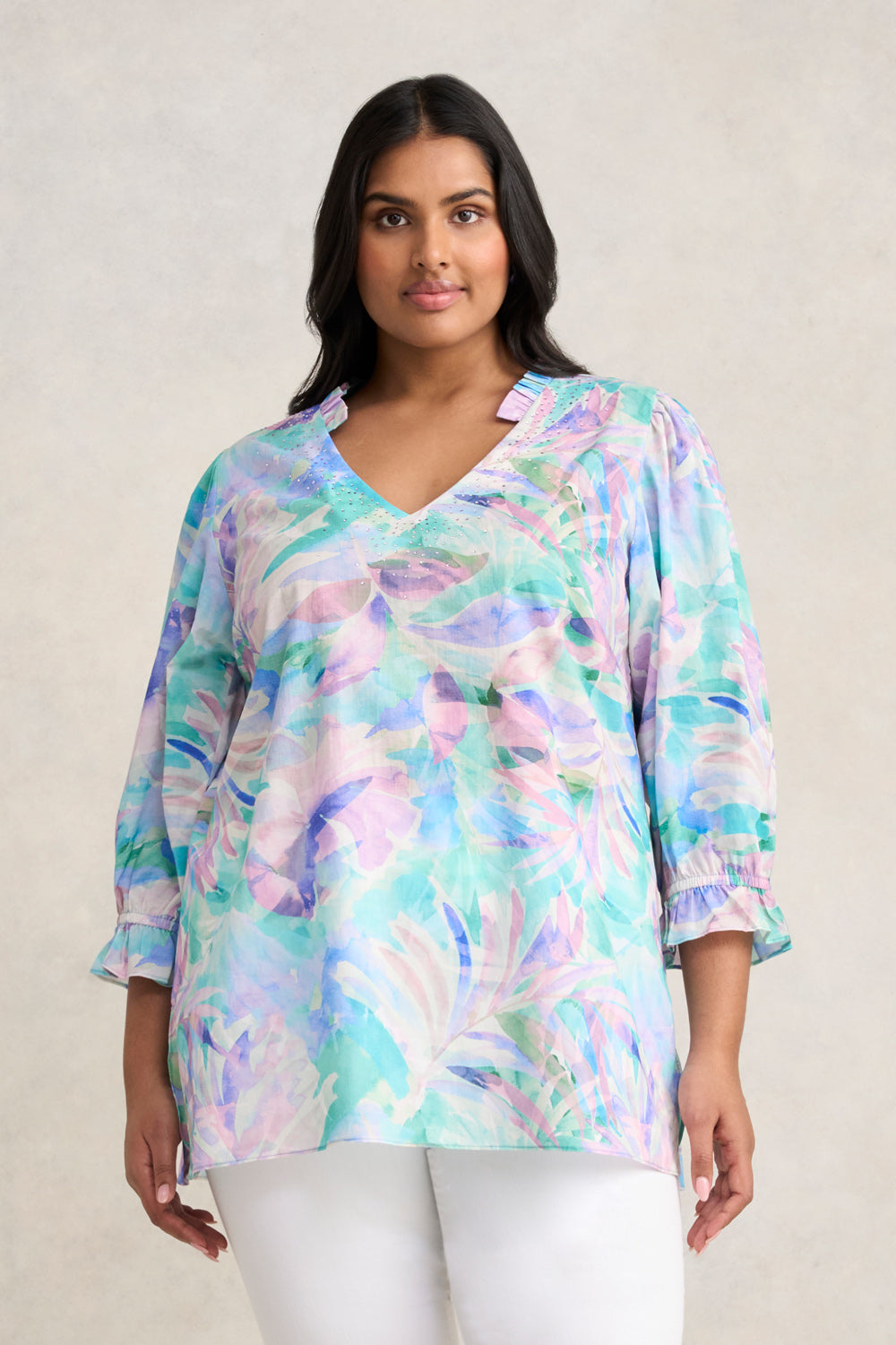 Embellished Cotton Kaftan - Watercolour Palm
