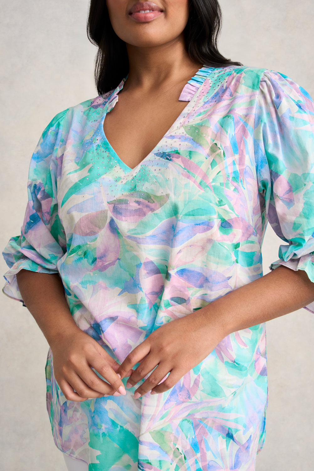 Embellished Cotton Kaftan - Watercolour Palm