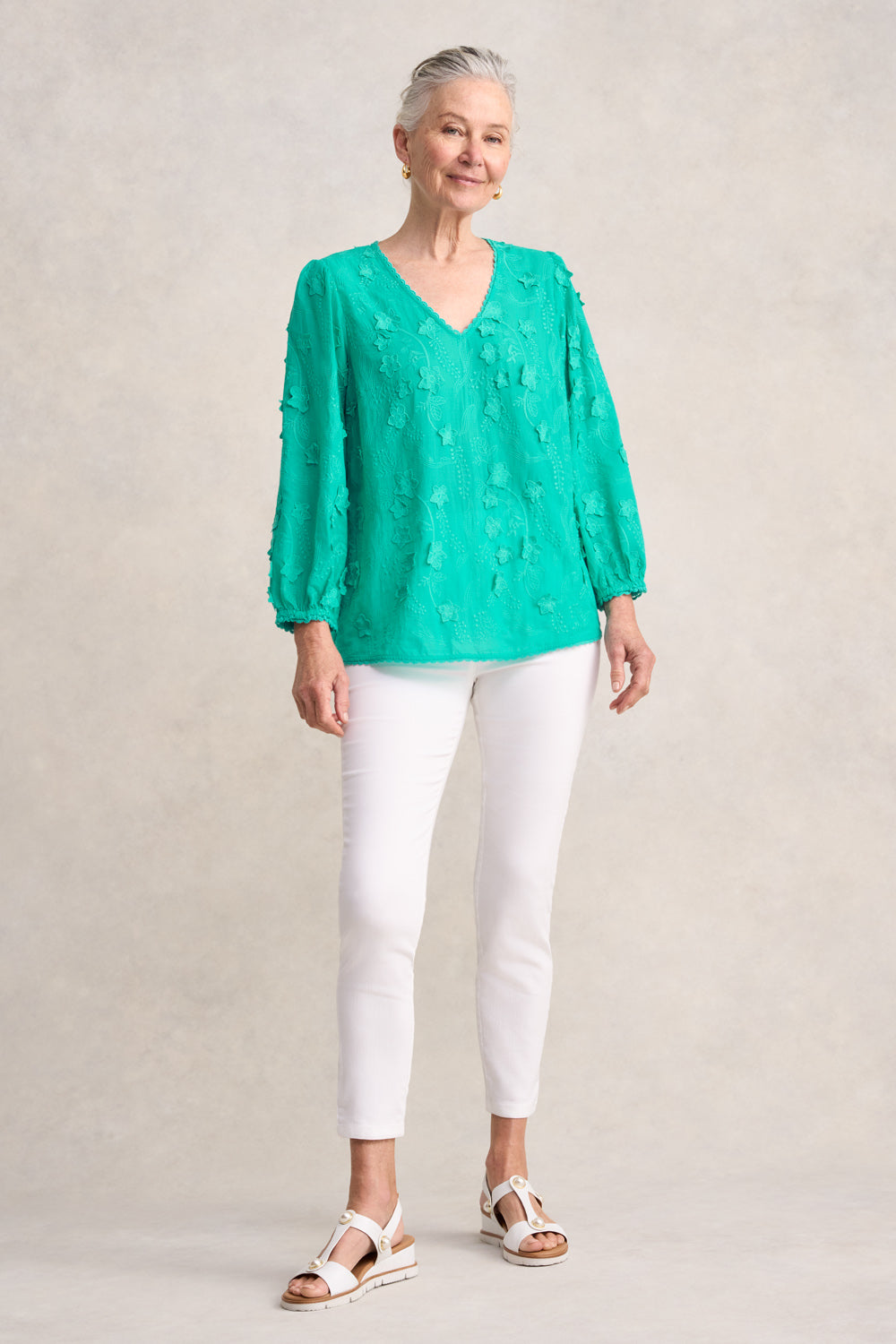 Lace Trim Embroidered Top - Sea Glass