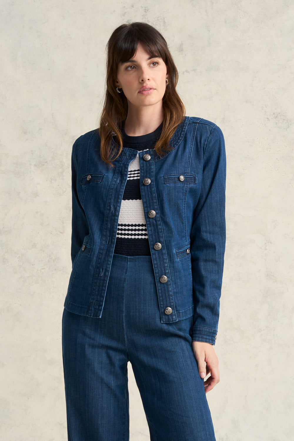 Stitch Detail Denim Jacket - Mid Blue Denim