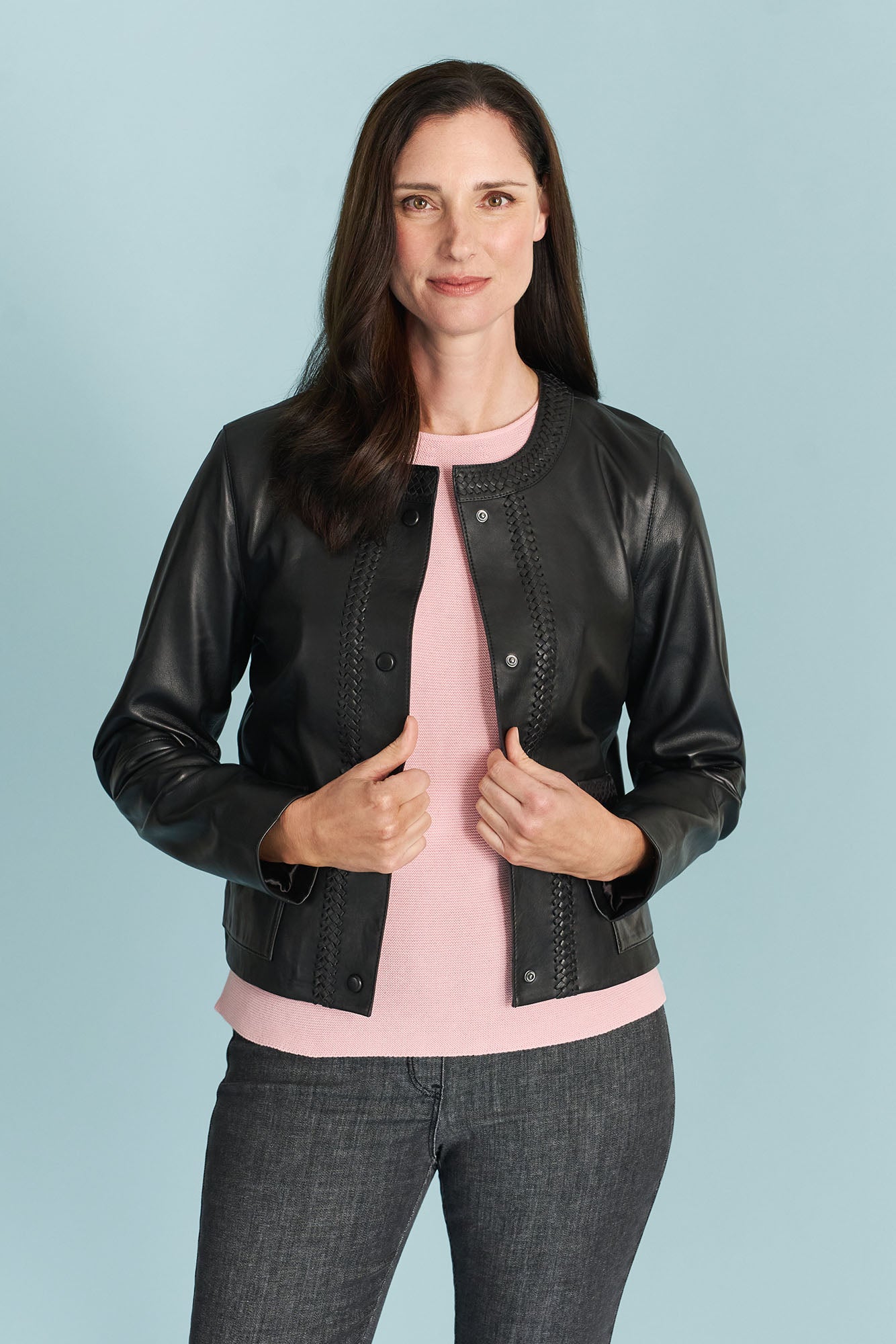 Braid Detail Leather Jacket - Black