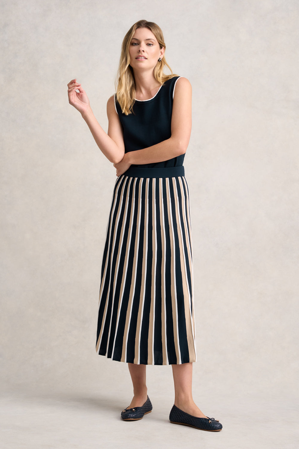 Pleated Knit Skirt - Deep Navy Stripe