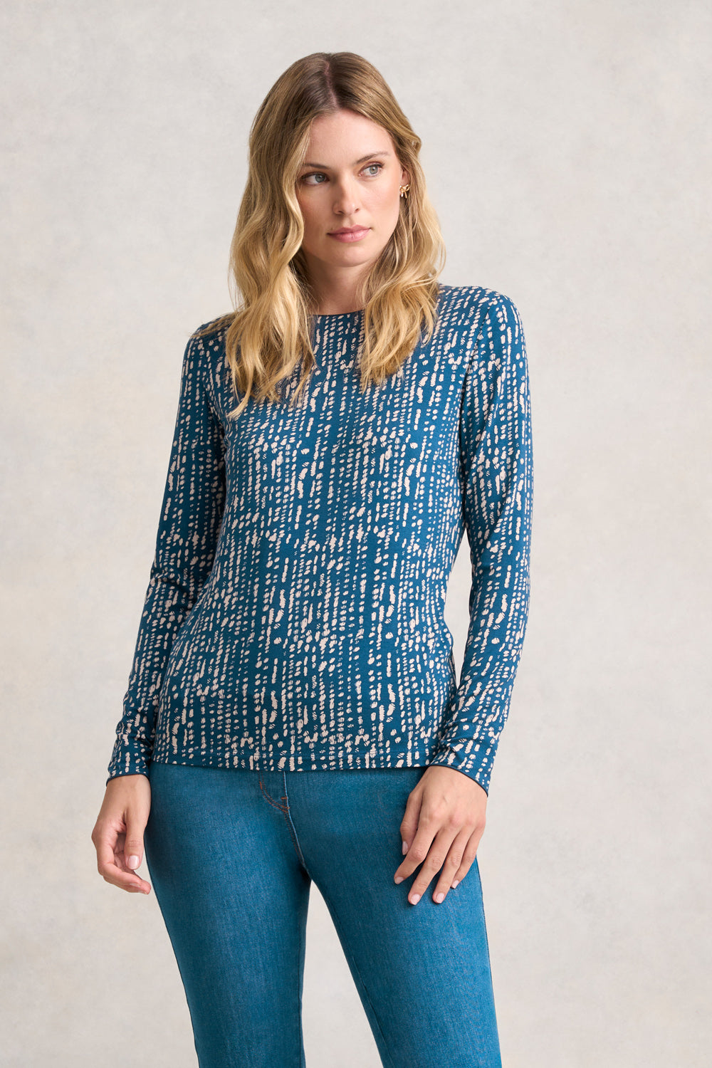 Long Sleeve Crew Neck Top - Linear Dot Print