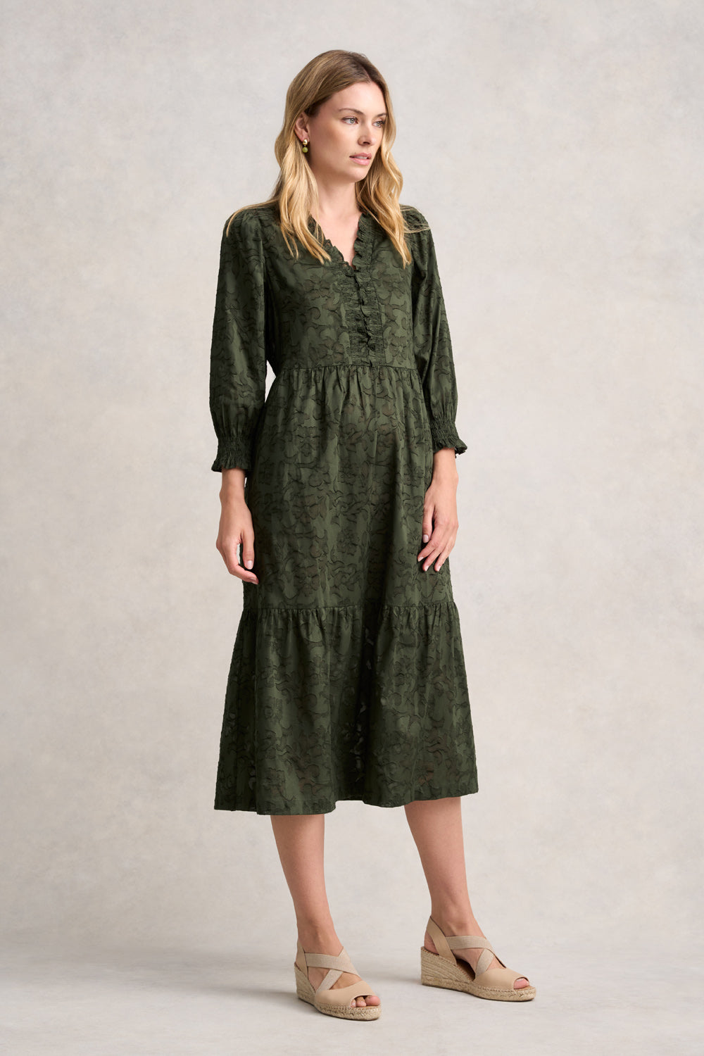 Cotton Jacquard Tiered Dress - Deep Olive