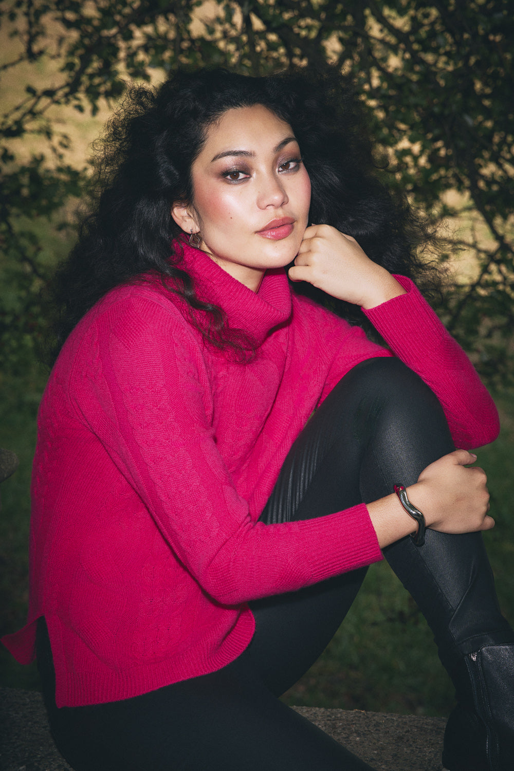 Roll Neck Cable Knit - Hot Pink