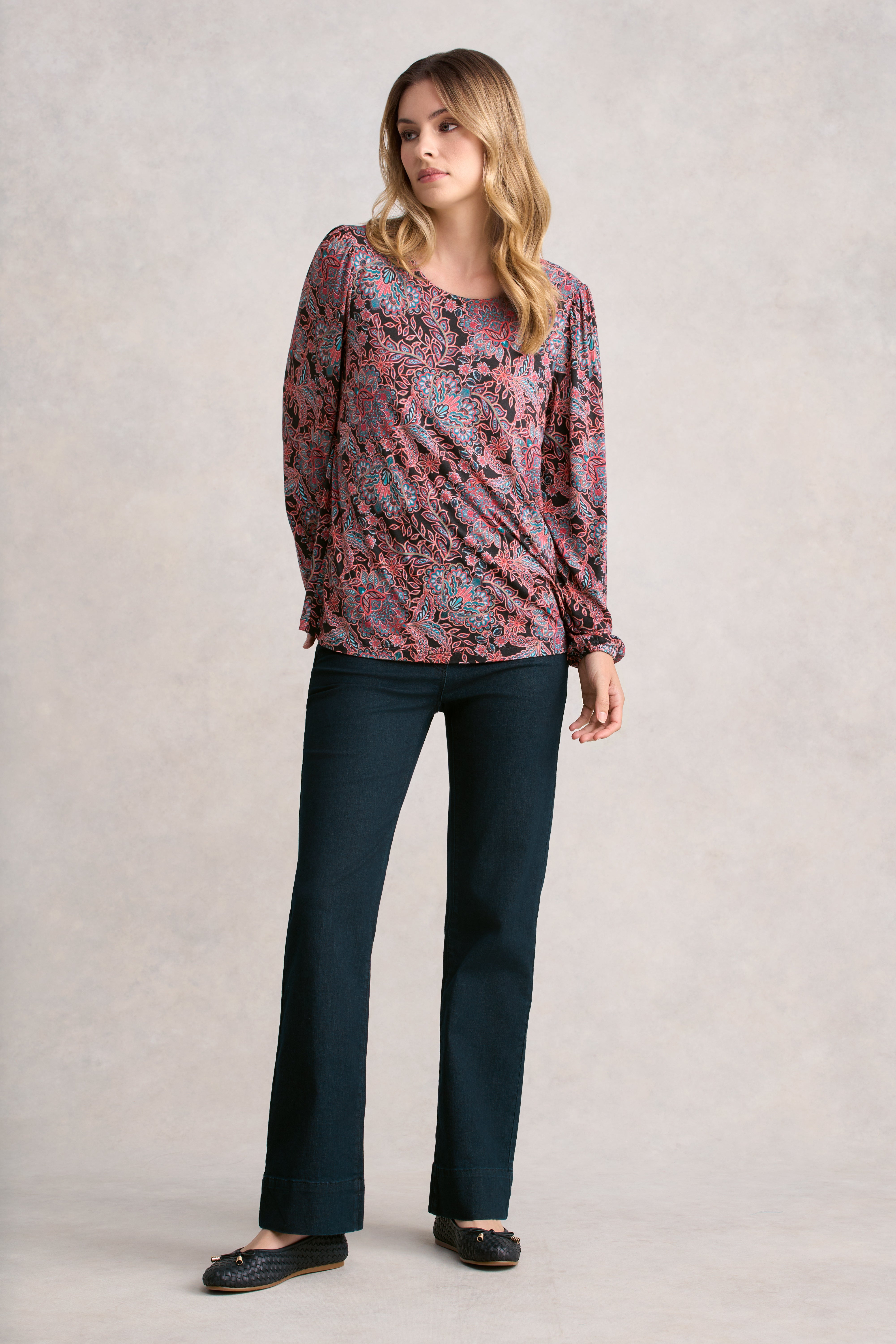 Printed Long Sleeve Scoop Neck Top - Intricate Floral