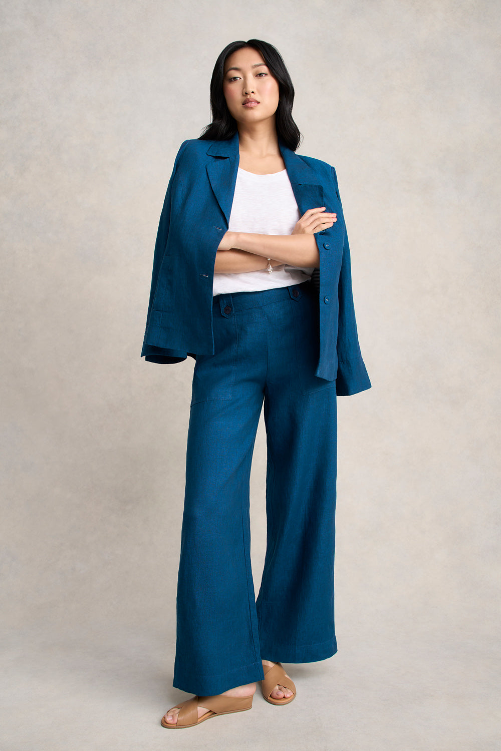 Full Length Waist Tab Linen Pant - Navy Delave
