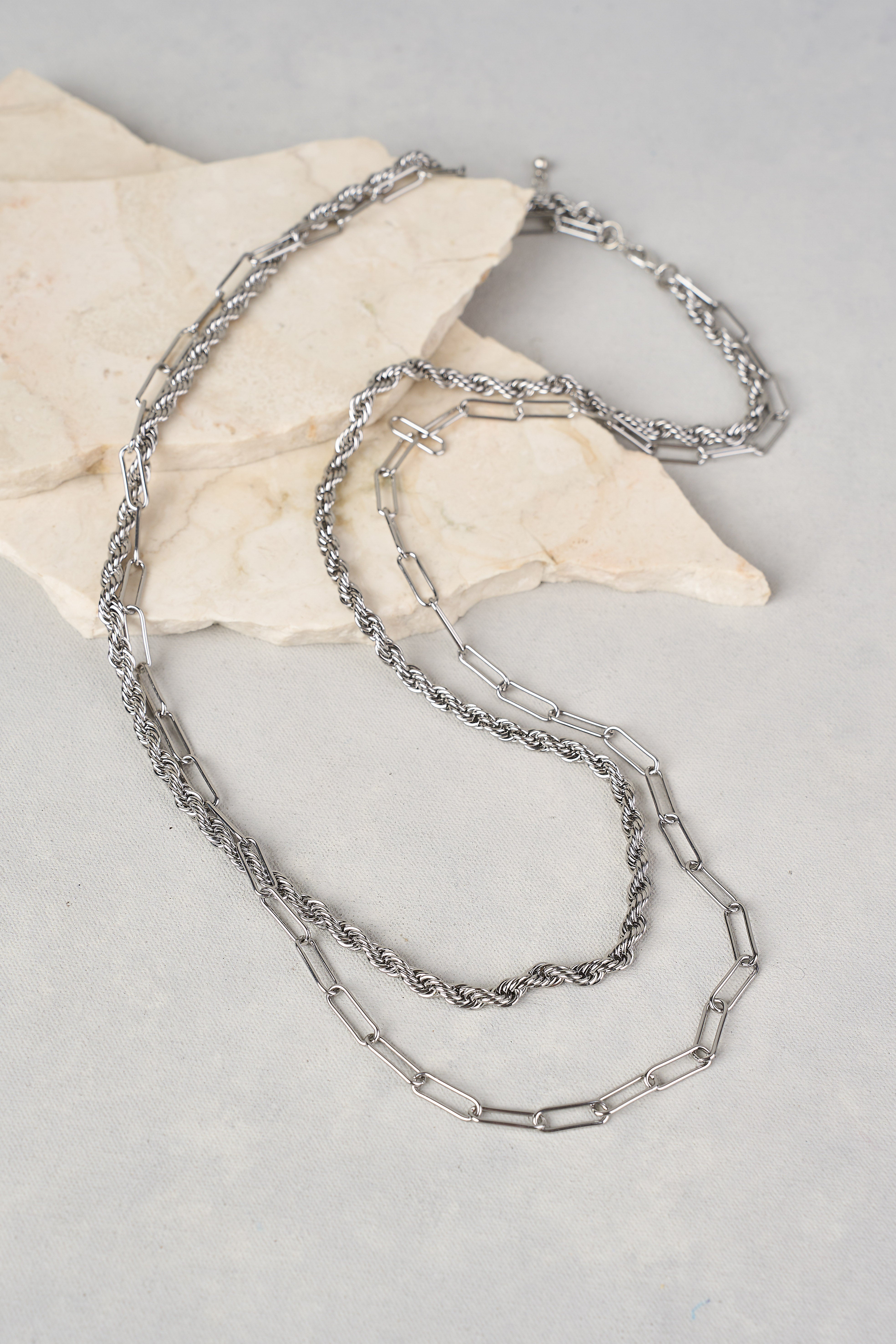 Double Layer Rope Chain Necklace - Rhodium