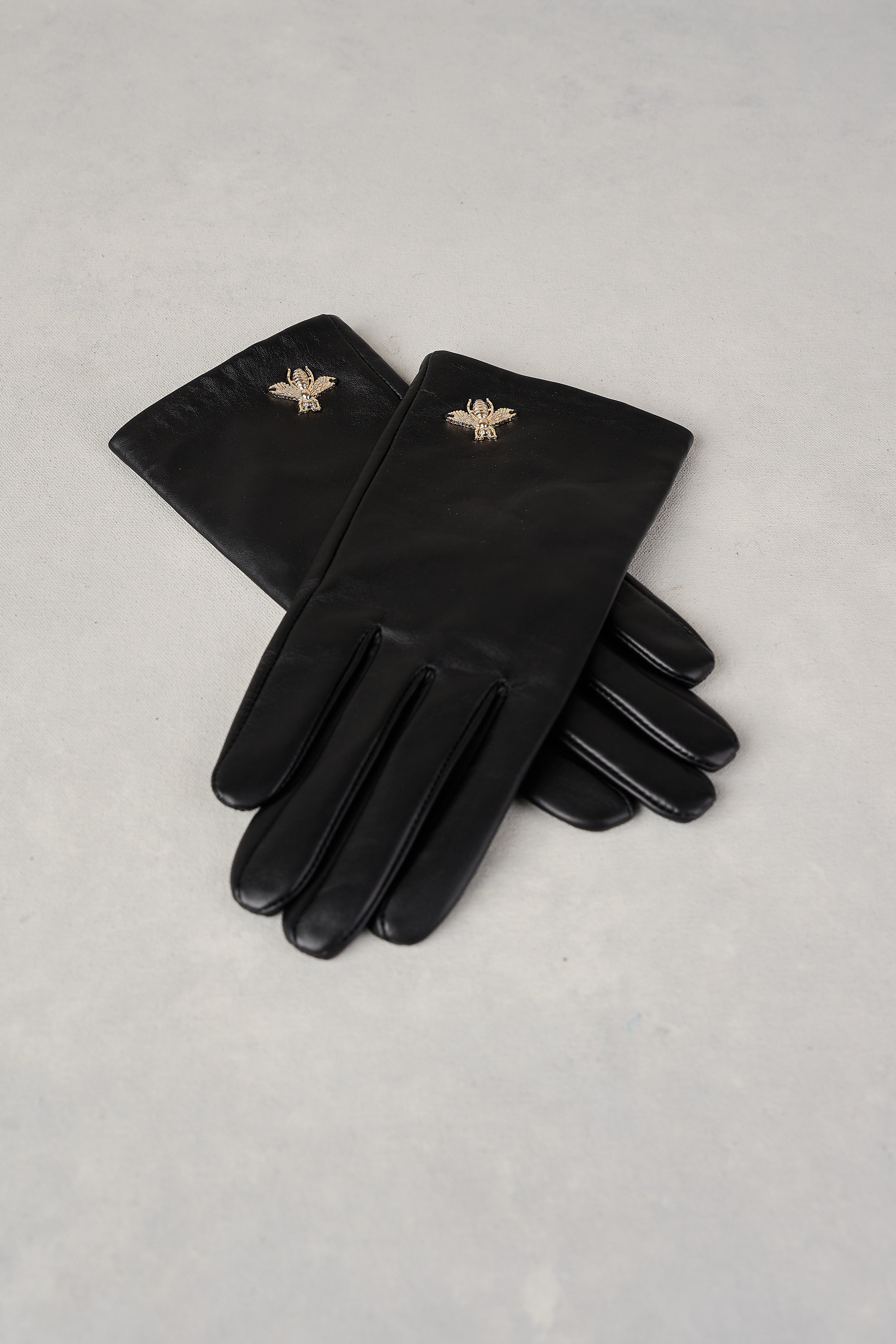 Leather Bee Trim Gloves - Black