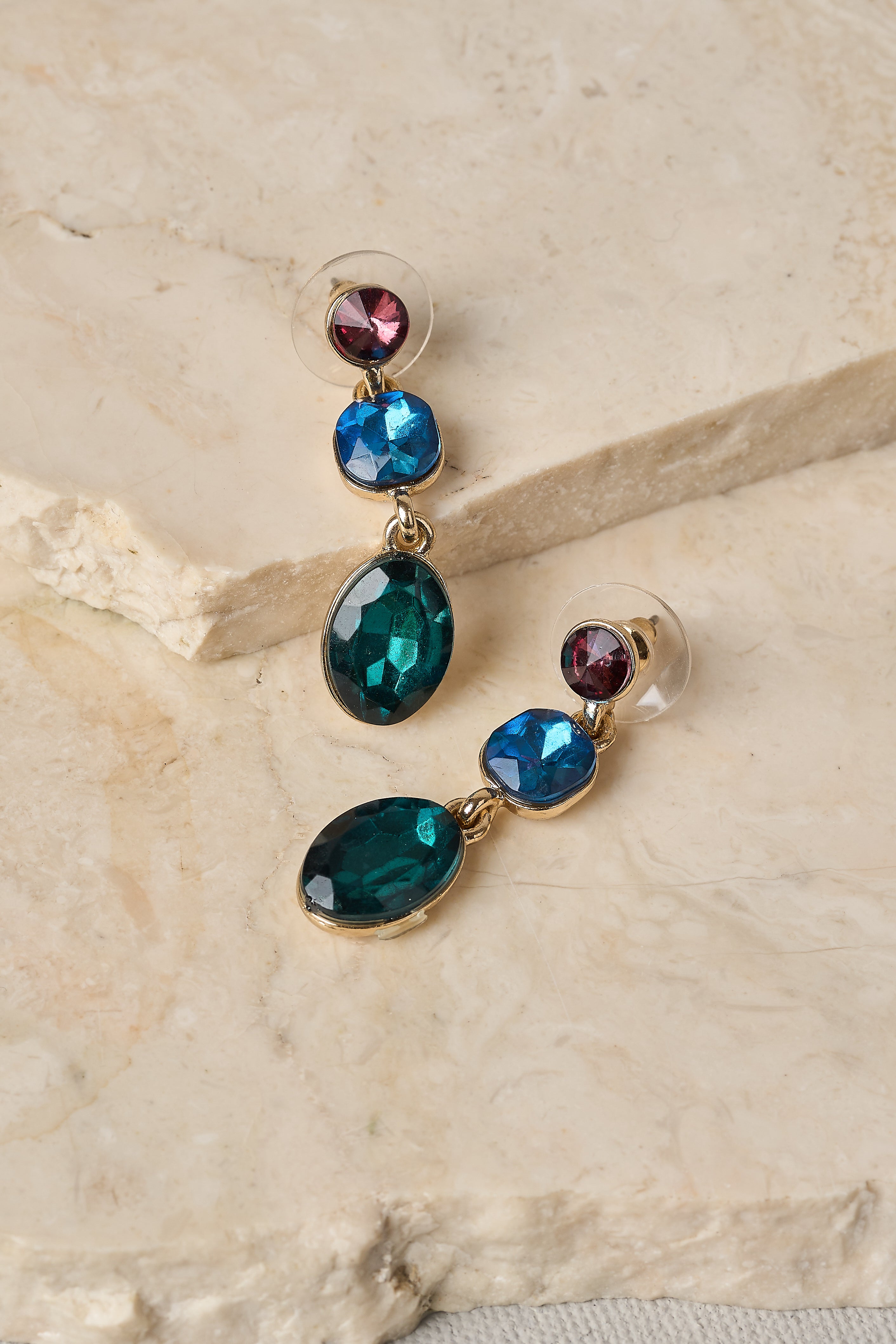 Trio Glass Stone Earrings - Multicolour