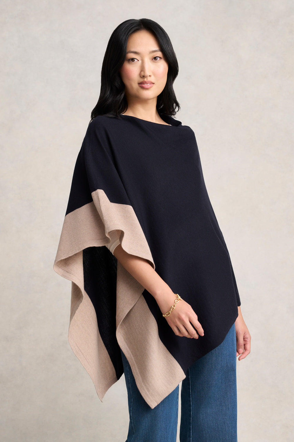 Contrast Trim Merino Poncho - Ink & Taupe
